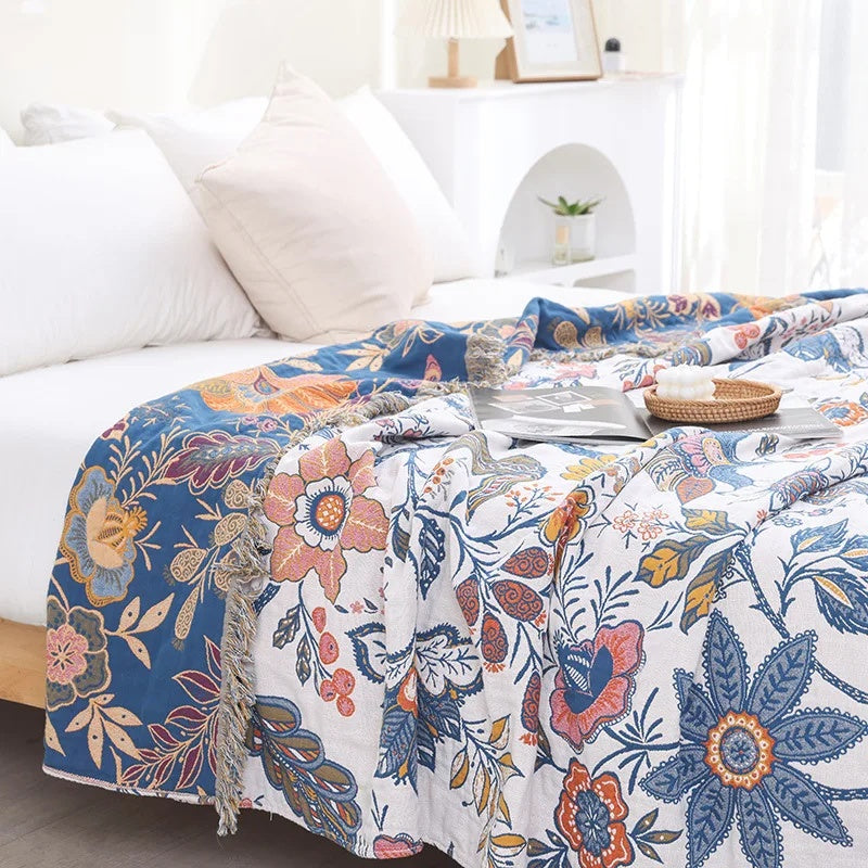 Rustic Artistic Flora Blanket - 100% Cotton Reversible Floral Throw 0
