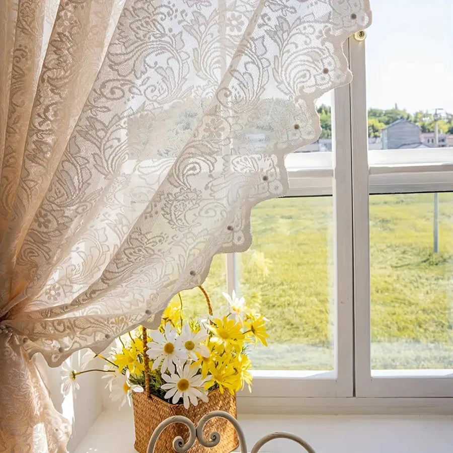 VELORÉE - French Country Style Lace Curtain with Beaded Phoenix Tail Detail