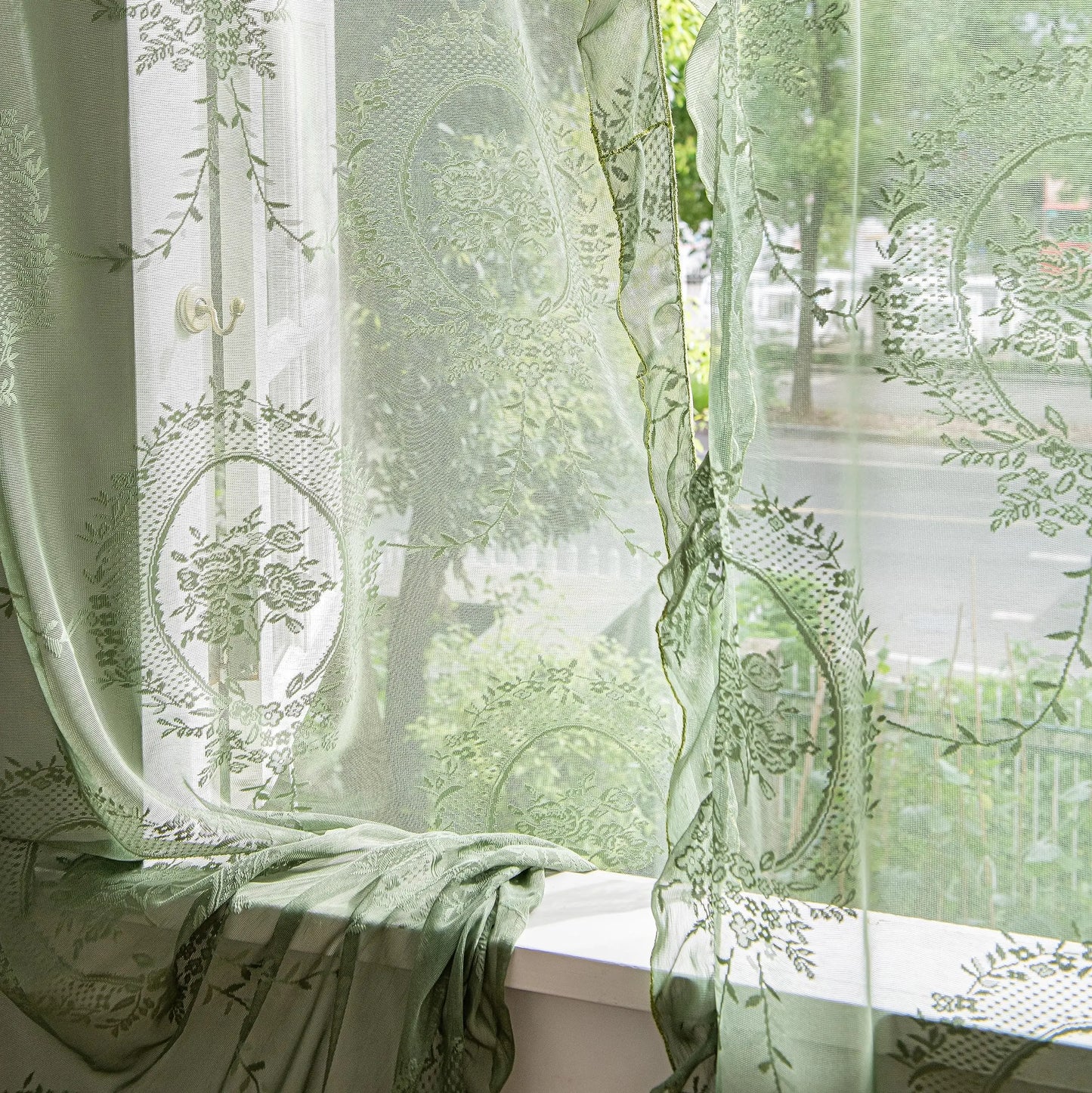 BELLEDRAPE - French Retro Green Ruffled Lace Sheer Tulle Curtains for Girls Room & Living Room