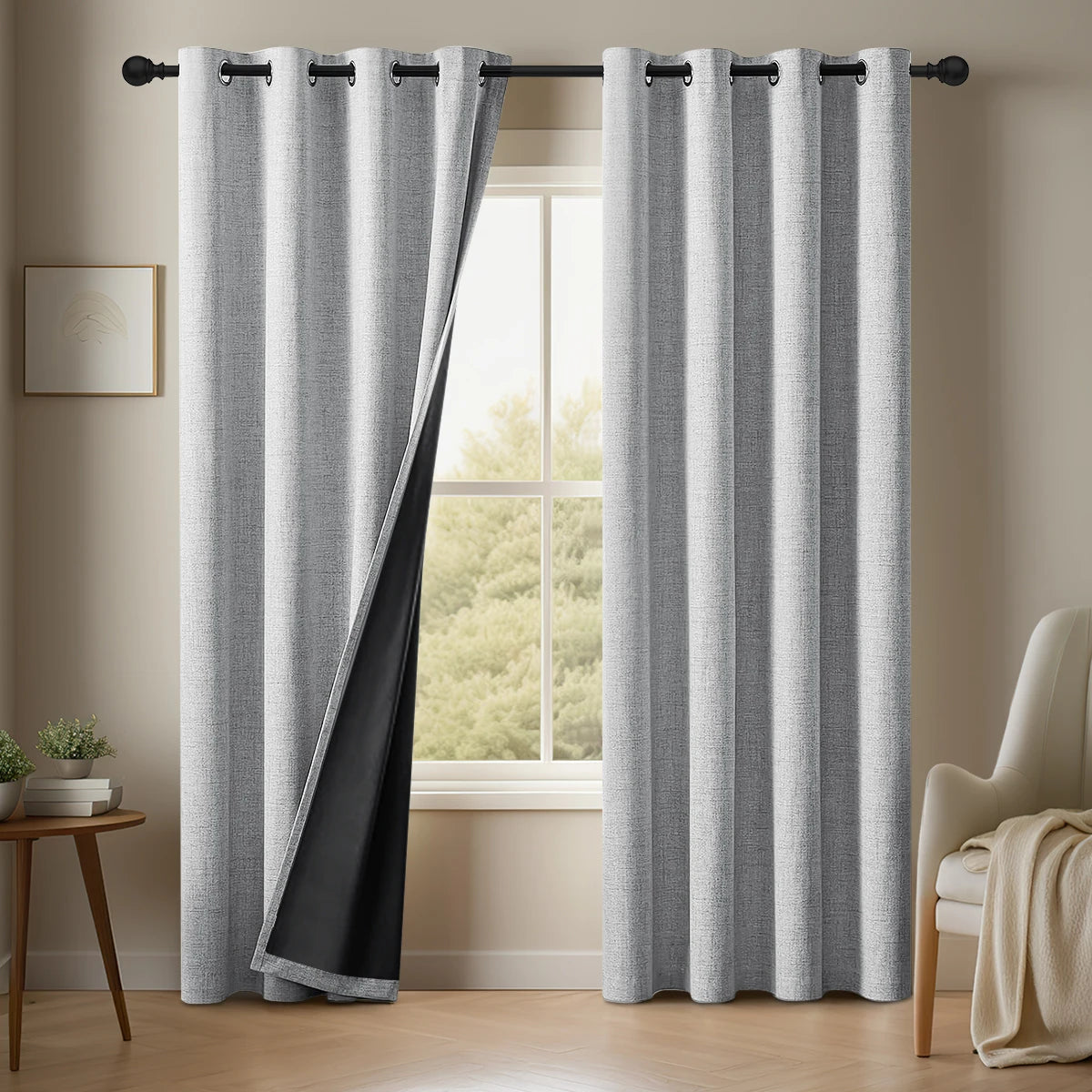 NOCTAVIA – 2 Panel 100% Blackout Linen Curtains with Tiebacks for Bedroom & Living Room