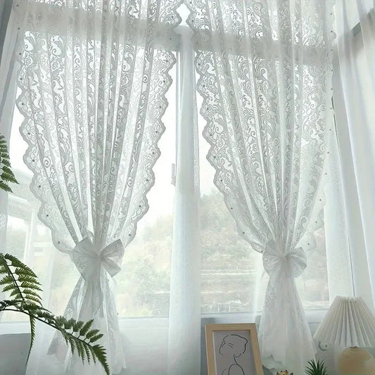 VELORÉE - French Country Style Lace Curtain with Beaded Phoenix Tail Detail