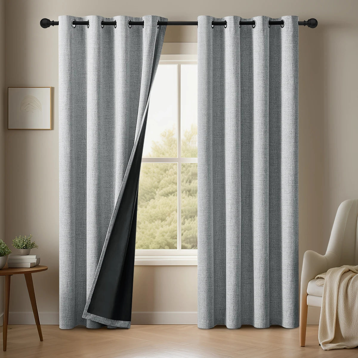 NOCTAVIA – 2 Panel 100% Blackout Linen Curtains with Tiebacks for Bedroom & Living Room