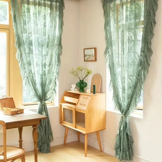 BELLEDRAPE - French Retro Green Ruffled Lace Sheer Tulle Curtains for Girls Room & Living Room