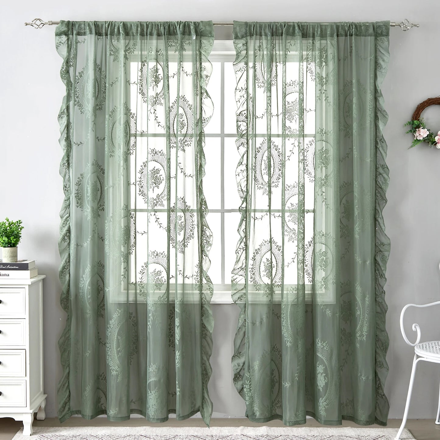 BELLEDRAPE - French Retro Green Ruffled Lace Sheer Tulle Curtains for Girls Room & Living Room