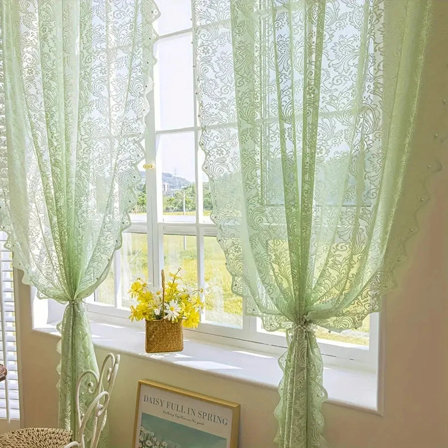 VELORÉE - French Country Style Lace Curtain with Beaded Phoenix Tail Detail