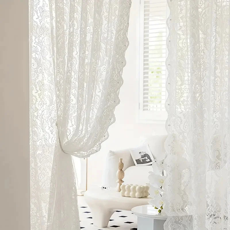 VELORÉE - French Country Style Lace Curtain with Beaded Phoenix Tail Detail