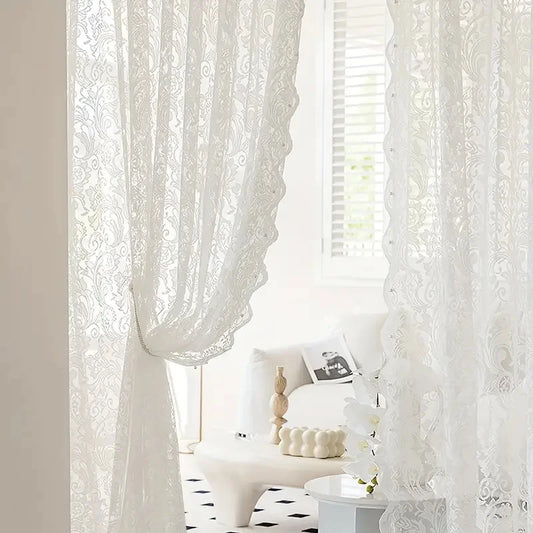 VELORÉE - French Country Style Lace Curtain with Beaded Phoenix Tail Detail
