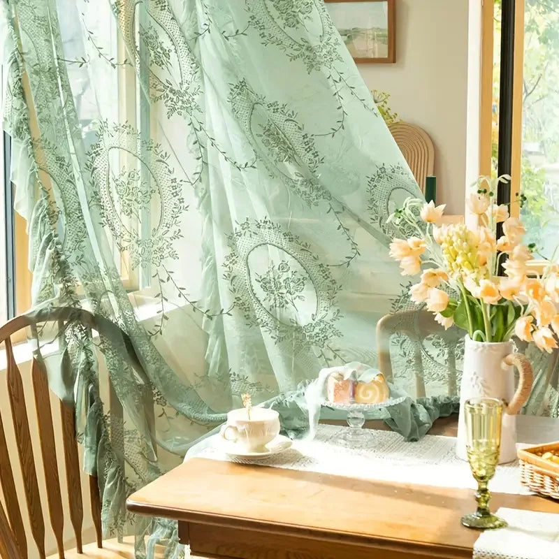 BELLEDRAPE - French Retro Green Ruffled Lace Sheer Tulle Curtains for Girls Room & Living Room