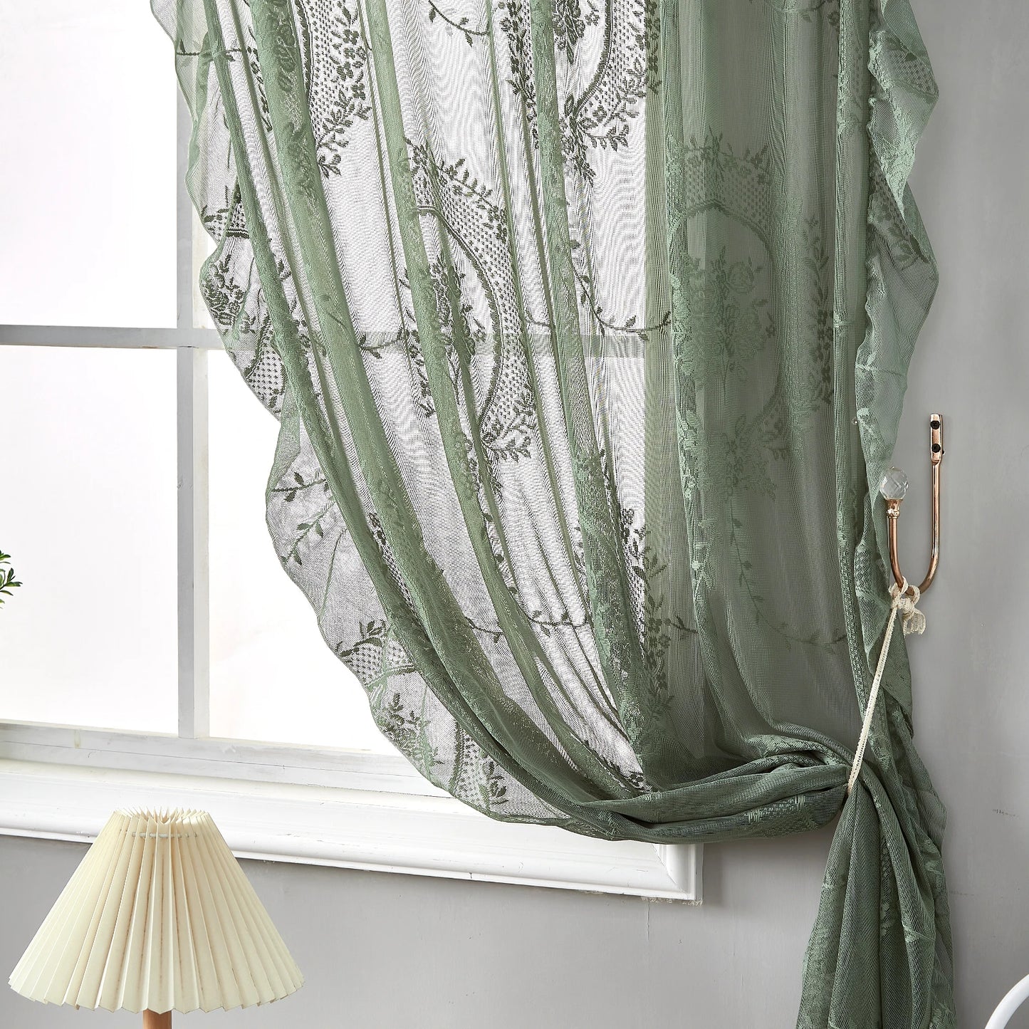 BELLEDRAPE - French Retro Green Ruffled Lace Sheer Tulle Curtains for Girls Room & Living Room