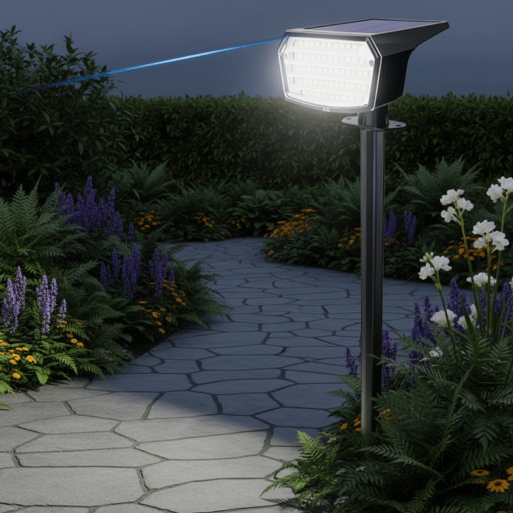 Solar Powered Flood Light - 59 LED Adjustable Brightness Outdoor Security Light, IP65 Waterproof 0
