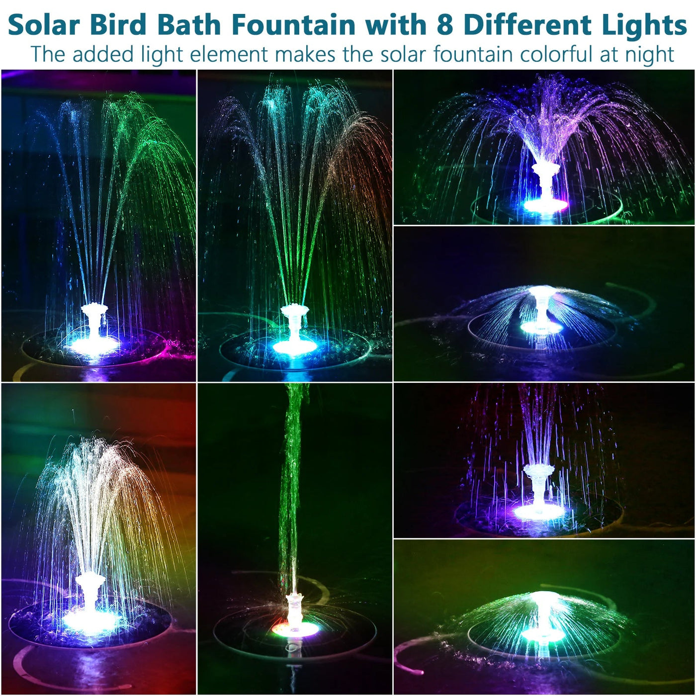 Solar Water Fountain Pump with 8 LED Lights & 5000mAh Battery for Ponds 3