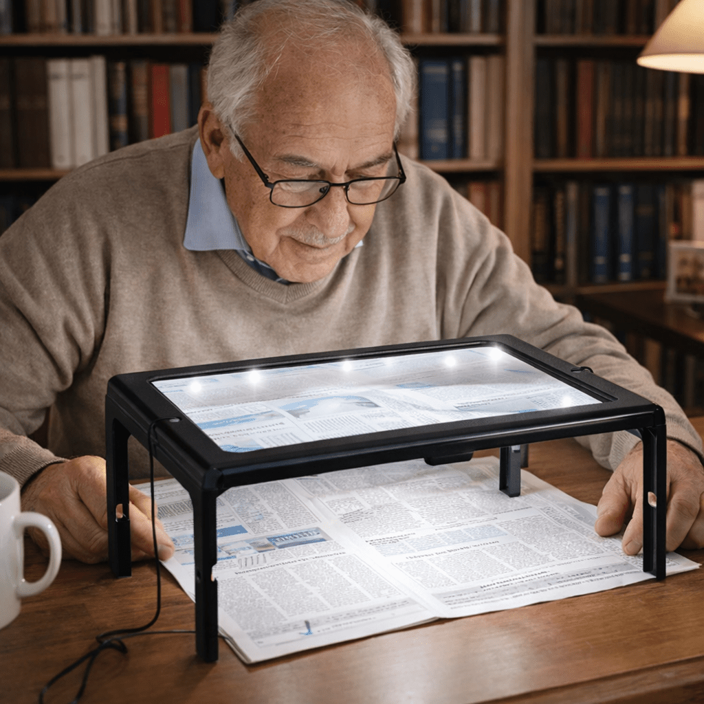 TEXTDESK – Foldable 3x Table Magnifier with LED Lighting for Hands-Free Reading 0