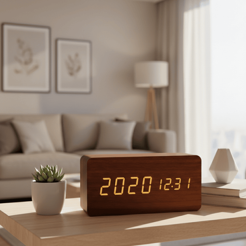 VOXTIME – Voice-Activated LED Wooden Clock for Modern Homes