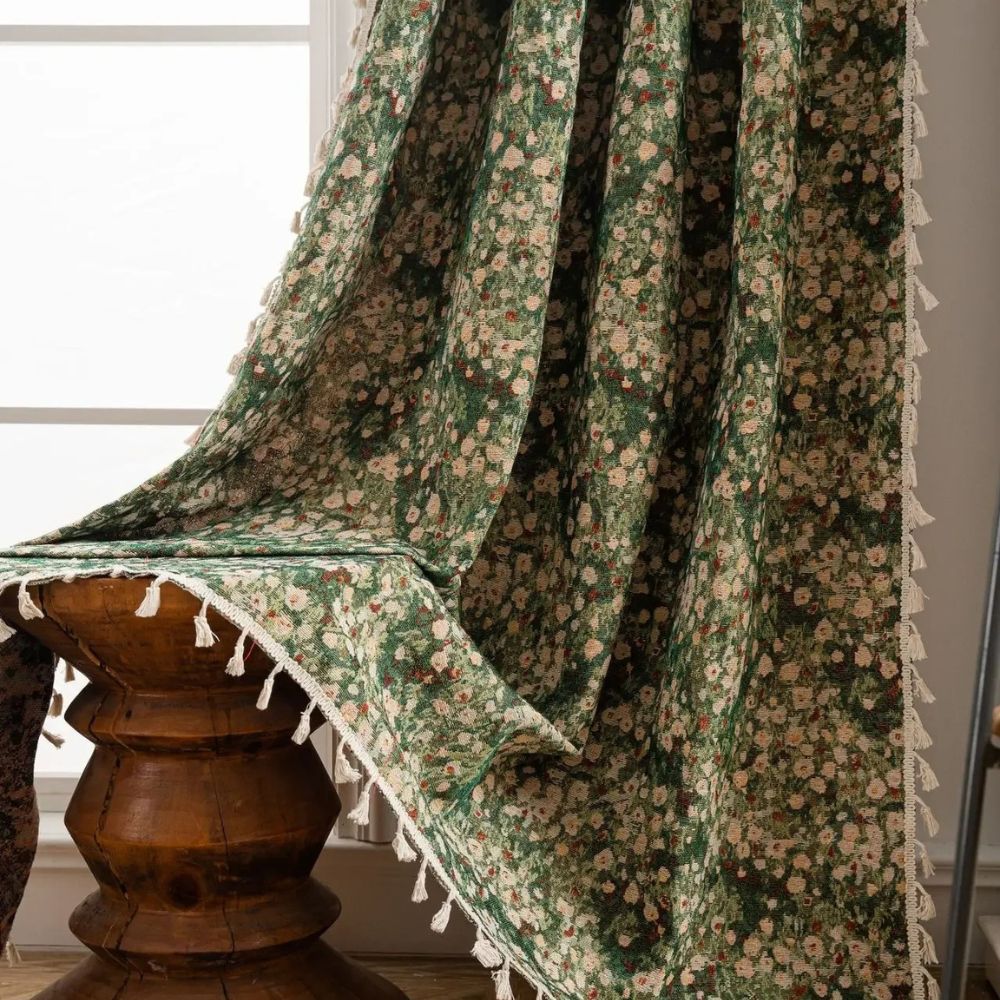 Vintage Floral Tassel Curtain Panel - Soft Microfiber Draperies for Home Decor 0