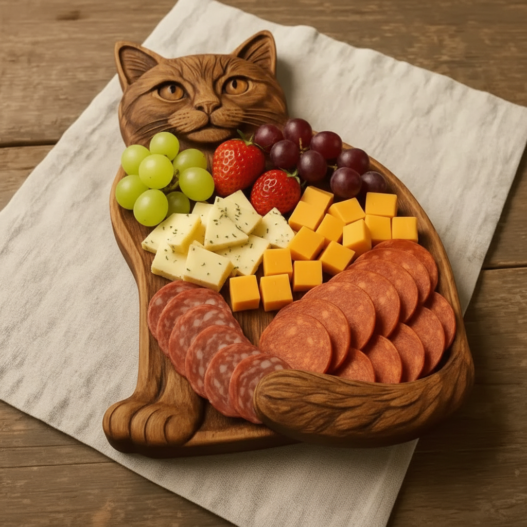 MEOWCRAFT - Premium Cat-Shaped Wooden Charcuterie Serving Board Set