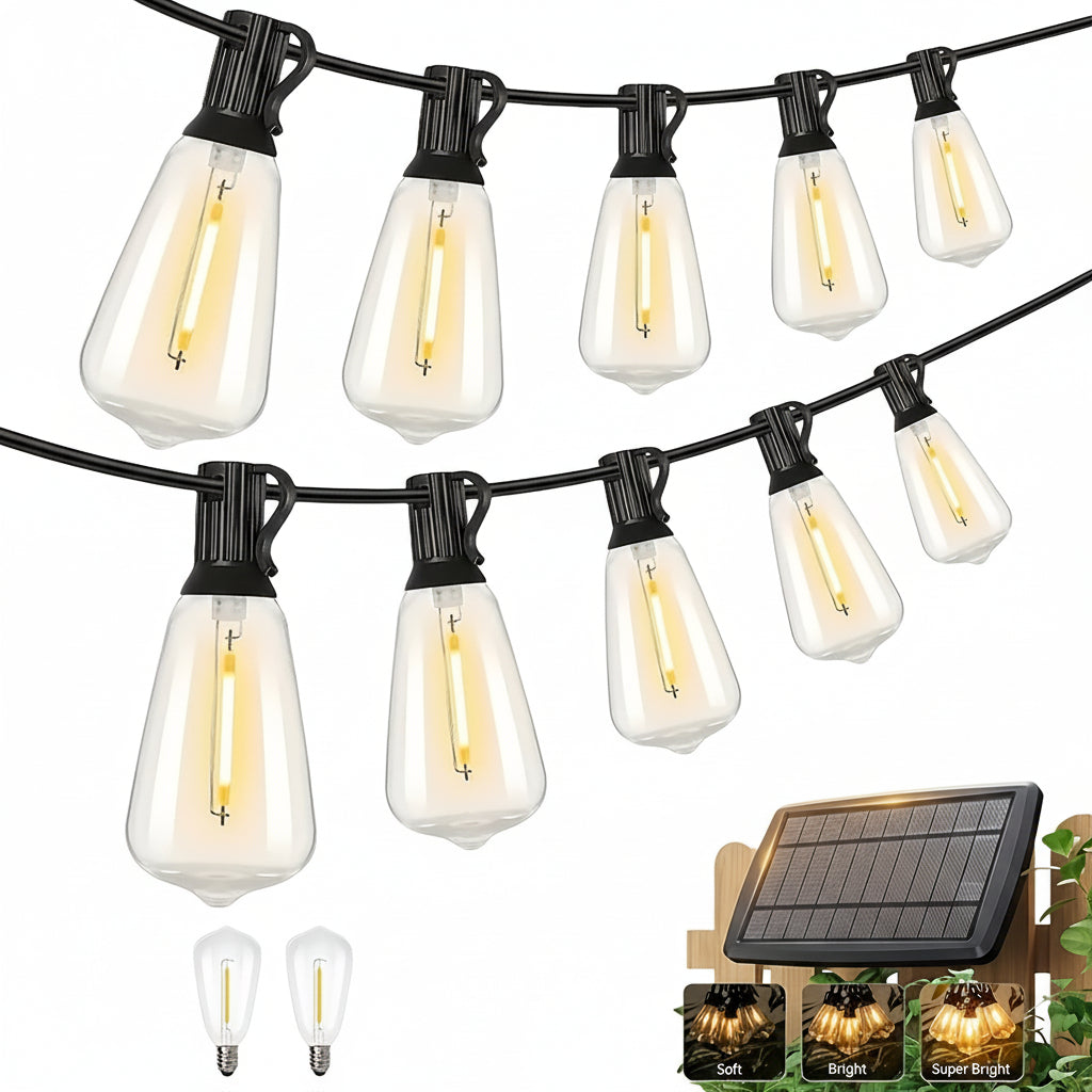 SOLARA - 100FT Solar String Lights Outdoor Commercial Grade LED with Dimmable Yellow ST38 Bulbs