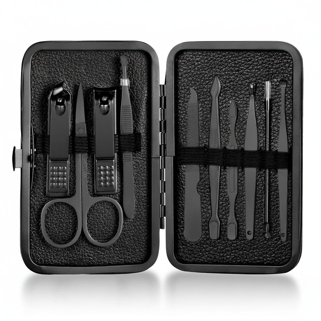 GROOMIX - 15pcs Classic Black Nail Care Set for Hands, Feet & Face Stainless Steel Tools