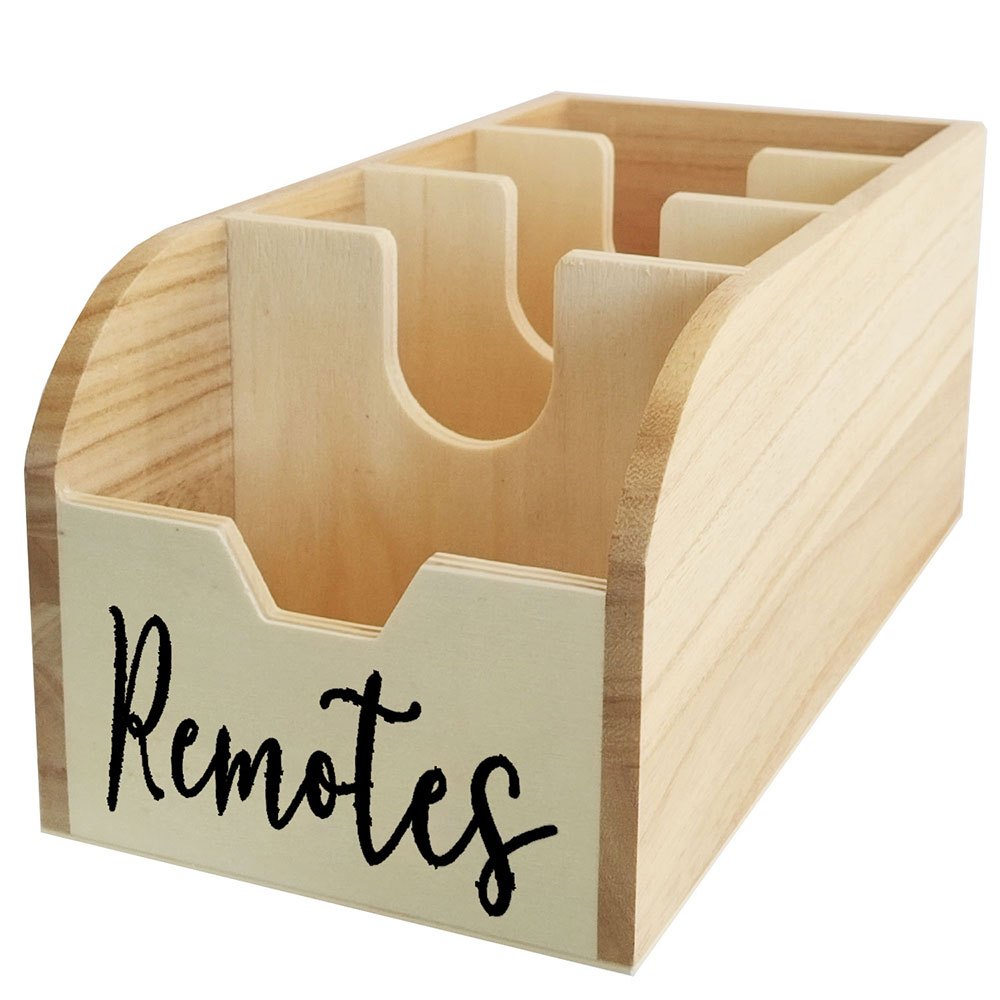 HOMELYWOOD - 4-Compartment Wooden Remote Organizer Box | No Electricity Needed