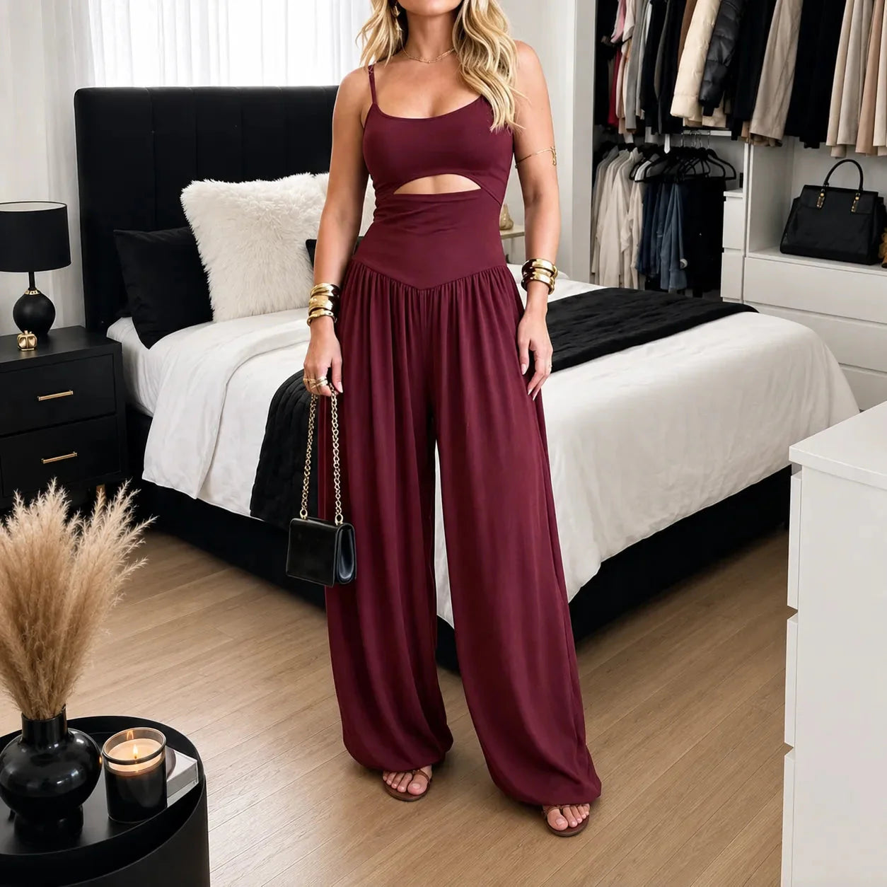 JUMPLORA – Sleeveless Wide Leg Jumpsuit with Adjustable Back Tie Detail