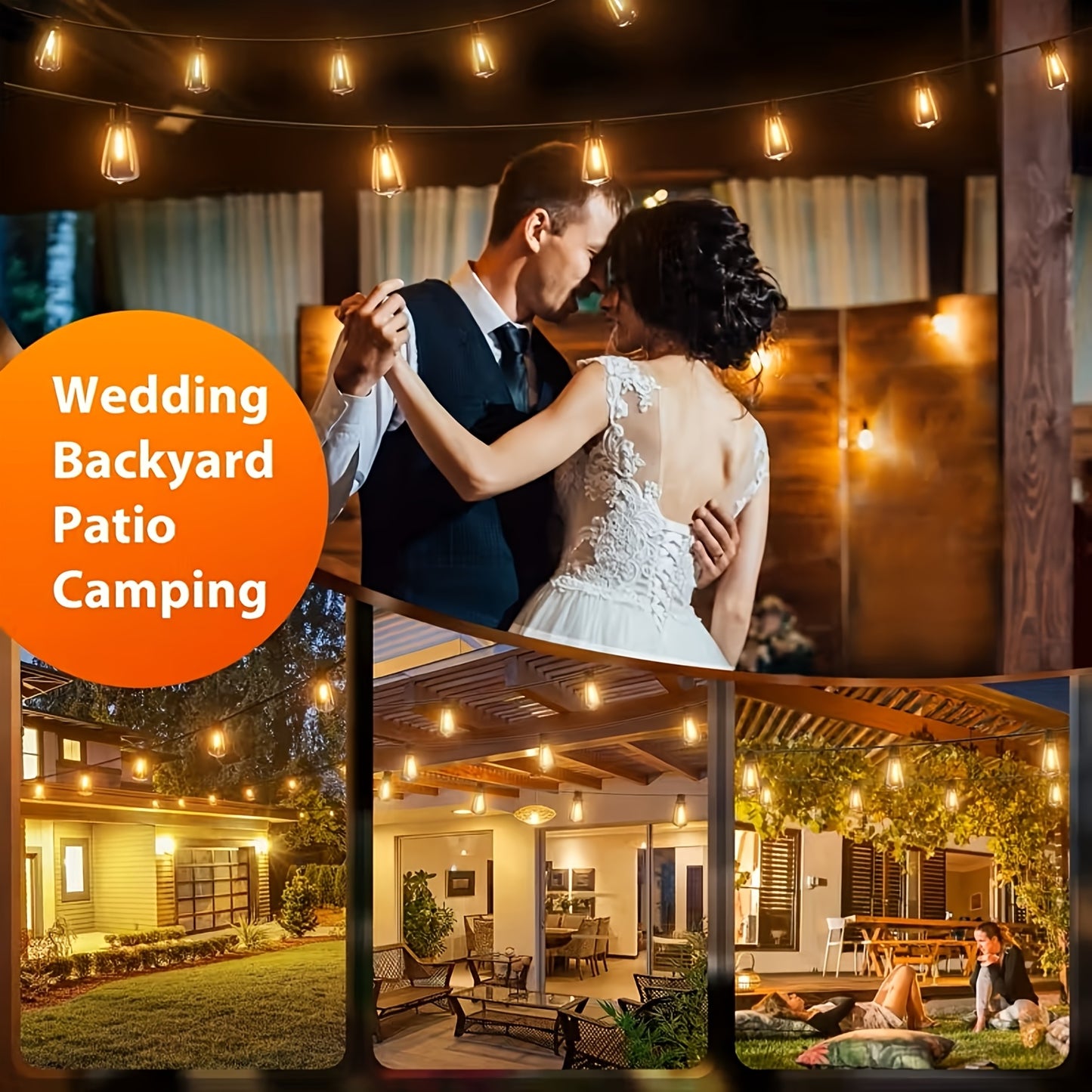 SOLARA - 100FT Solar String Lights Outdoor Commercial Grade LED with Dimmable Yellow ST38 Bulbs