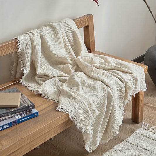 OLIVEBREEZE – Lightweight 4-Layer Cotton Gauze Blanket with Elegant Fringe