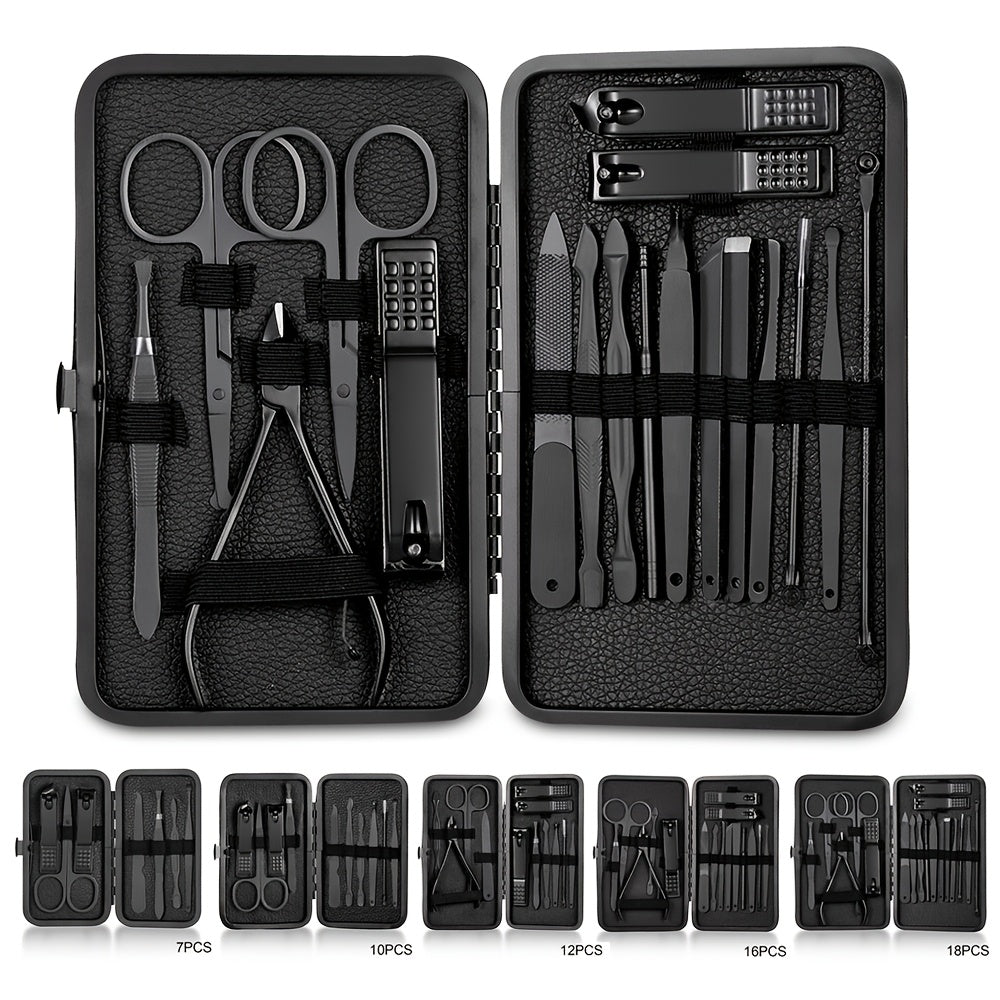 GROOMIX - 15pcs Classic Black Nail Care Set for Hands, Feet & Face Stainless Steel Tools