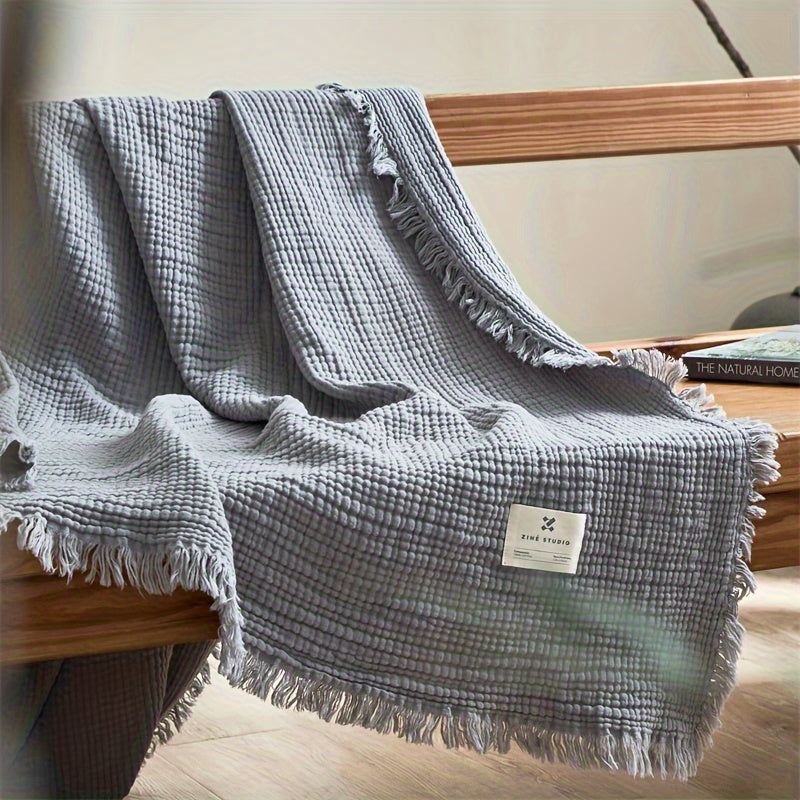 OLIVEBREEZE – Lightweight 4-Layer Cotton Gauze Blanket with Elegant Fringe