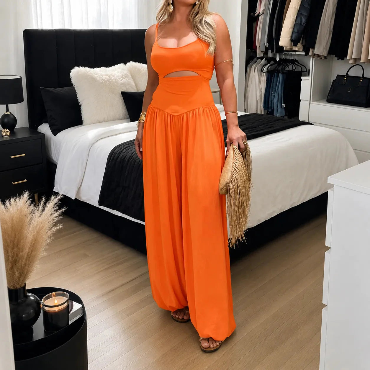 JUMPLORA – Sleeveless Wide Leg Jumpsuit with Adjustable Back Tie Detail