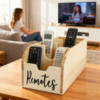HOMELYWOOD - 4-Compartment Wooden Remote Organizer Box | No Electricity Needed
