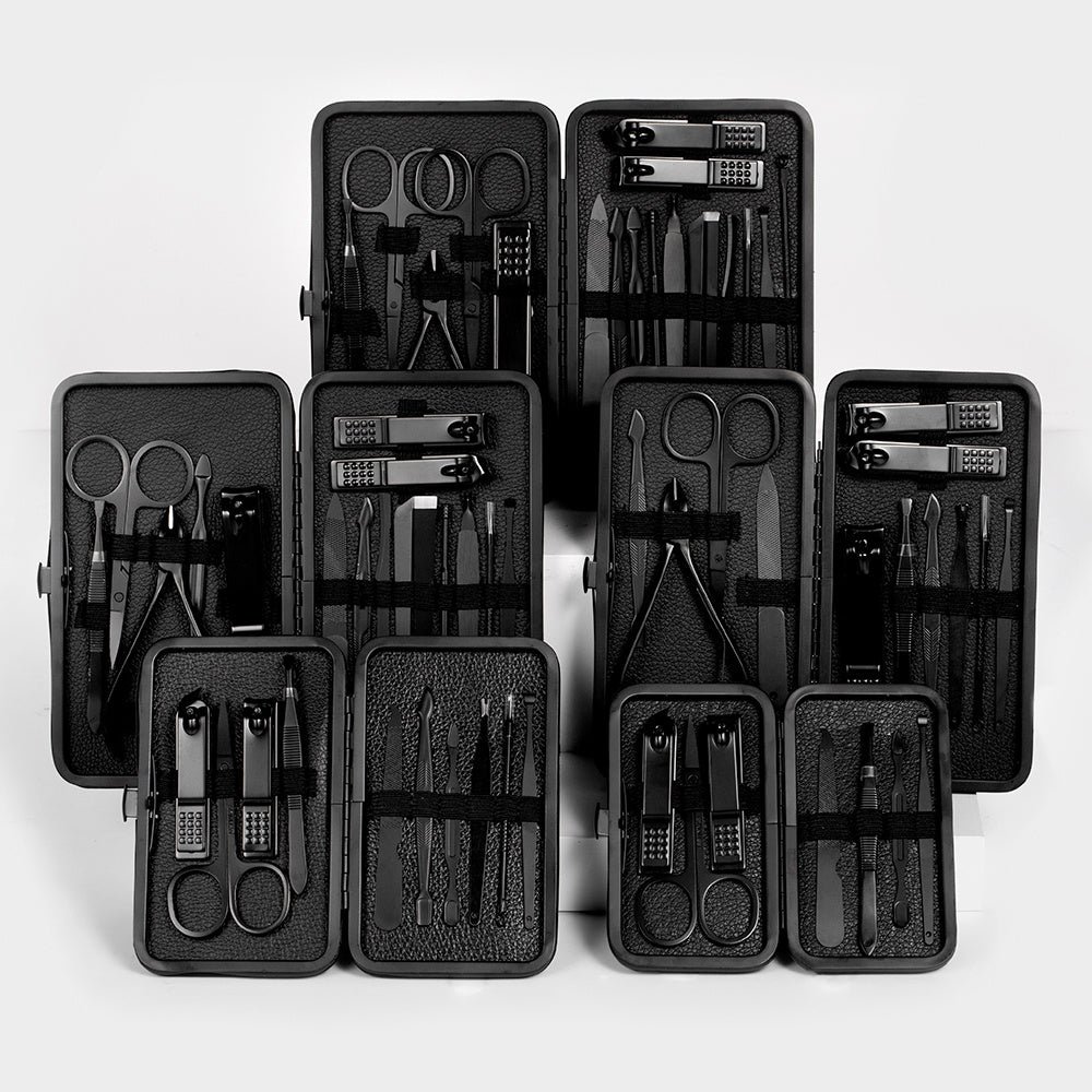 GROOMIX - 15pcs Classic Black Nail Care Set for Hands, Feet & Face Stainless Steel Tools