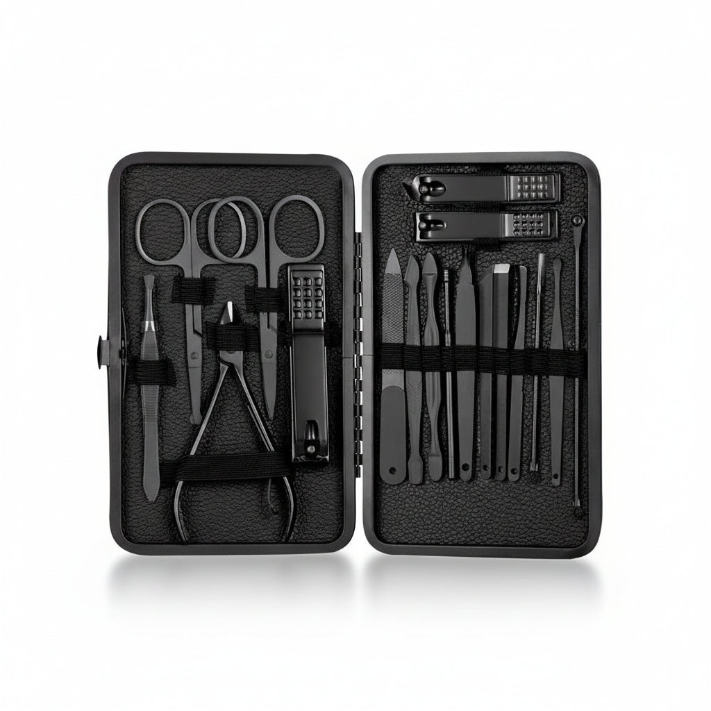 GROOMIX - 15pcs Classic Black Nail Care Set for Hands, Feet & Face Stainless Steel Tools