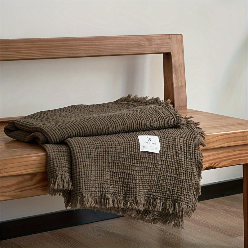 OLIVEBREEZE – Lightweight 4-Layer Cotton Gauze Blanket with Elegant Fringe