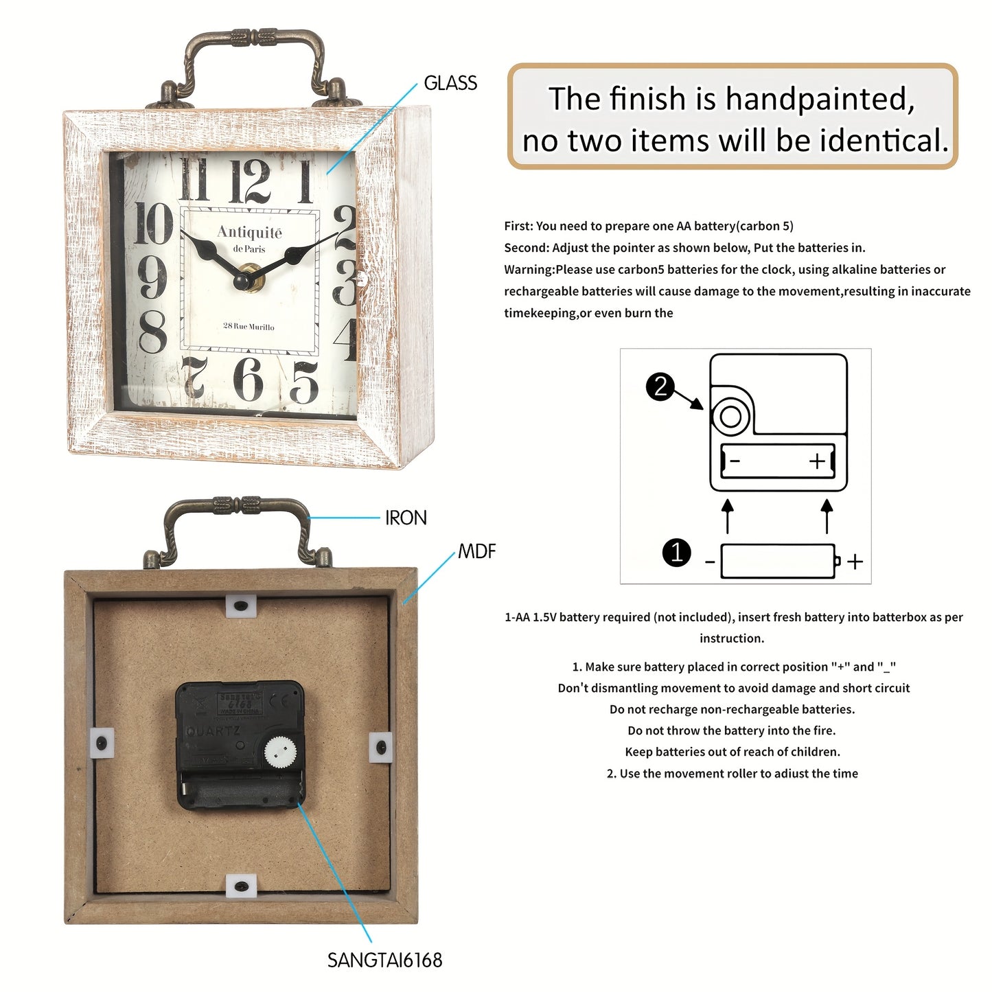CABINCO - Rustic Wooden Shelf Clock with Glass Cover for Home Decor