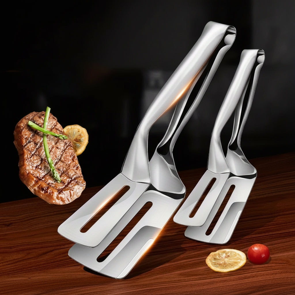 STEAKCLIP – Multi-Function Stainless Steel Tongs with Spatula Control