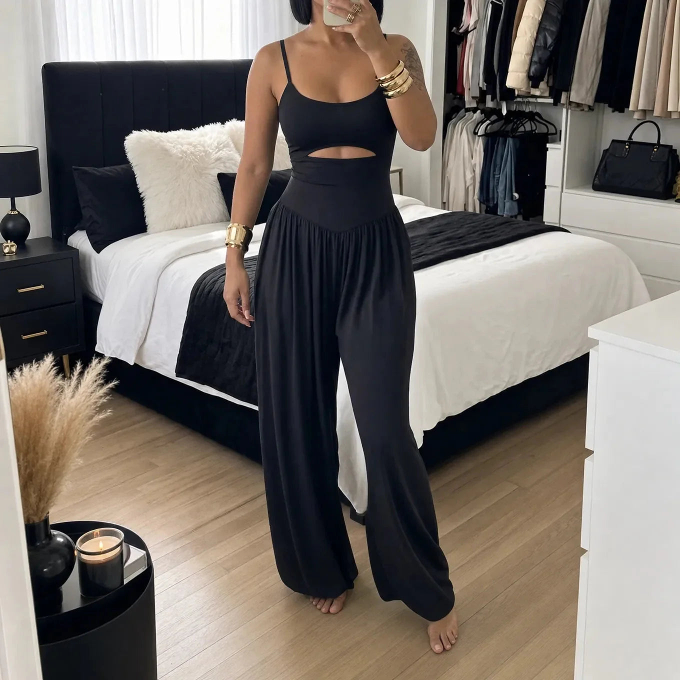 JUMPLORA – Sleeveless Wide Leg Jumpsuit with Adjustable Back Tie Detail